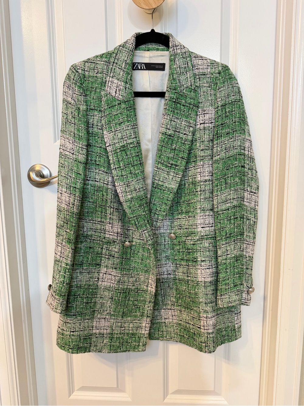 ZARA Green Tweed Plaid Double Breasted Blazer Jacket XS